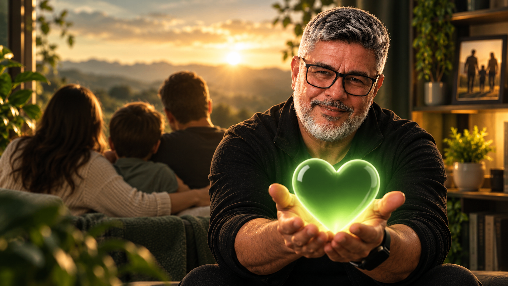 Walace Balliana oferecendo um coração verde, com uma família ao fundo