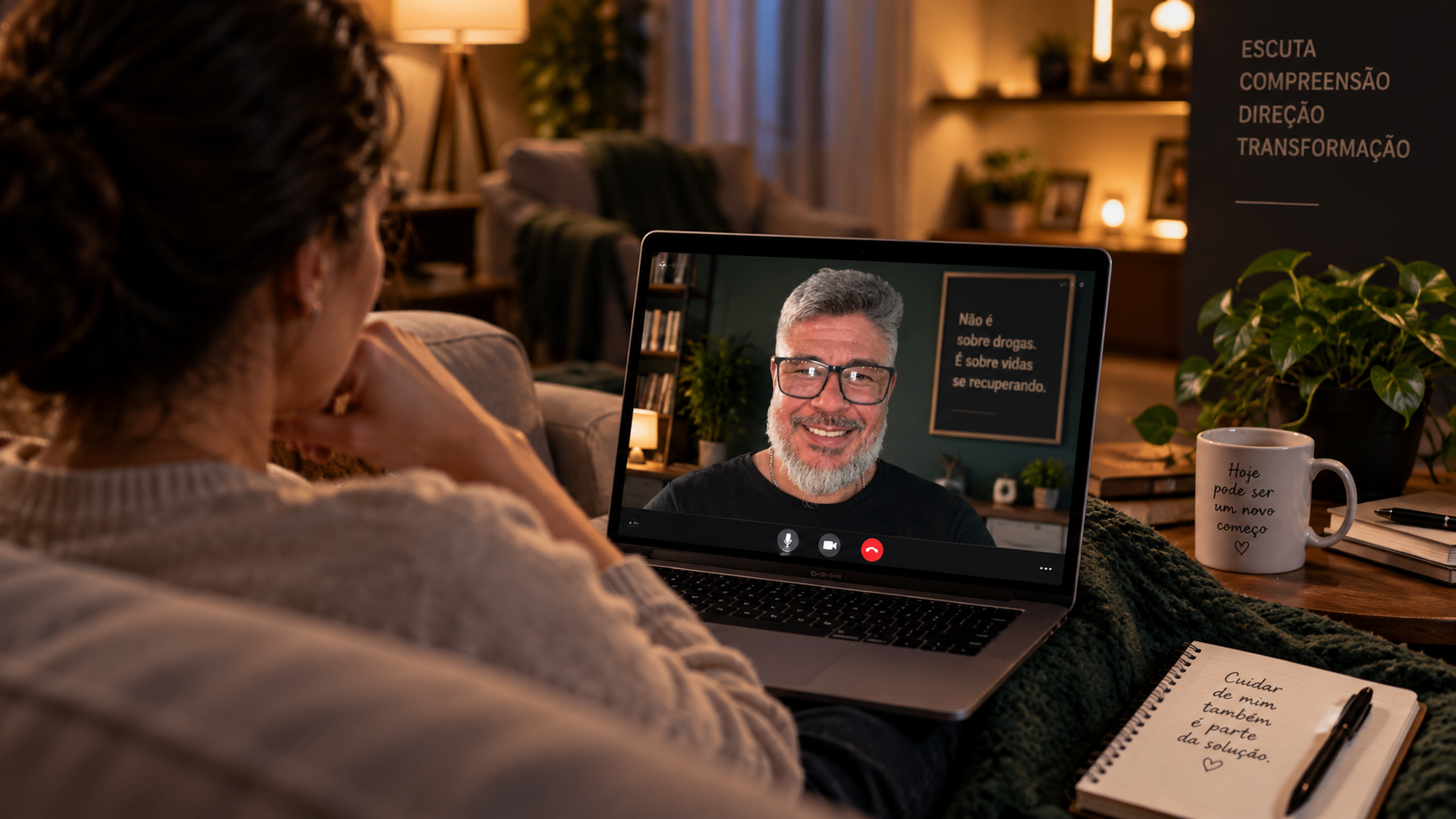 Pessoa em casa durante atendimento online com Walace Balliana na tela